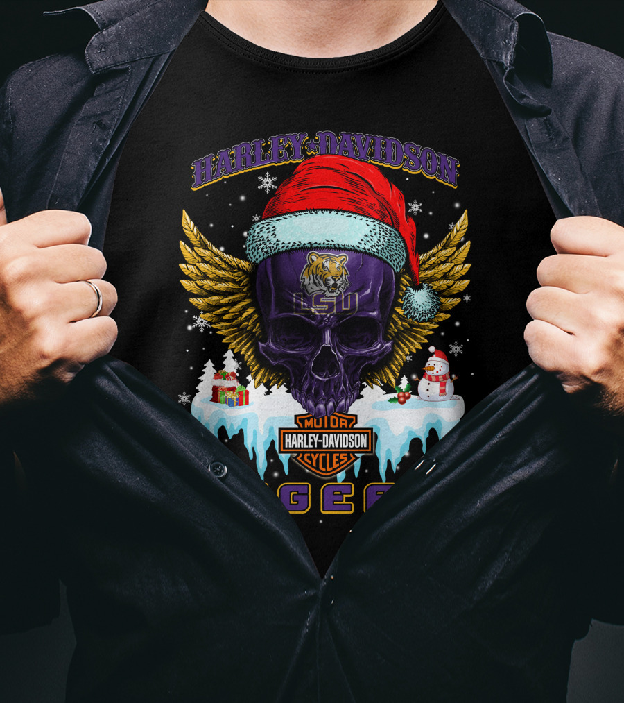 Harley Davidson Lsu Tigers Santa Skull Wings Baton Rouge Holiday Gifts T-Shirt