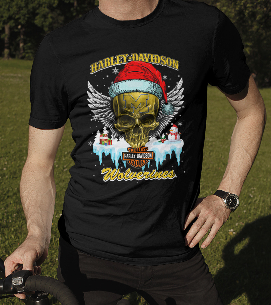 Harley Davidson Michigan Wolverines Skull Santa Hat Snowflake T-Shirt