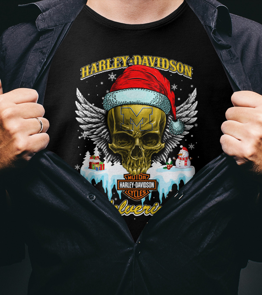 Harley Davidson Michigan Wolverines Skull Santa Hat Snowflake T-Shirt