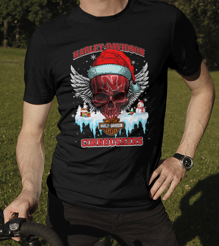 Harley Davidson Nebraska Cornhuskers Skull Santa Claus Wings Snowman T-Shirt