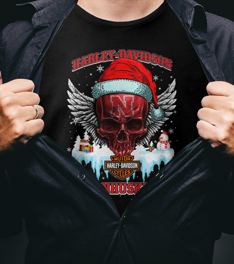 Harley Davidson Nebraska Cornhuskers Skull Santa Claus Wings Snowman T-Shirt