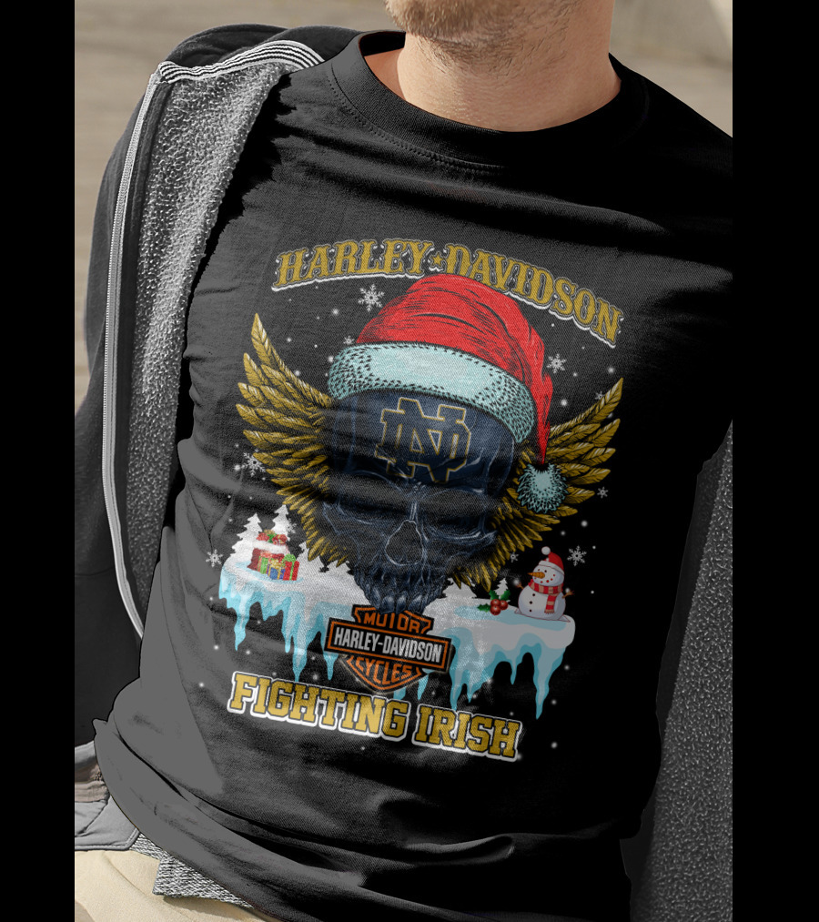 Harley Davidson Notre Dame Fighting Irish Santa Skull T-Shirt