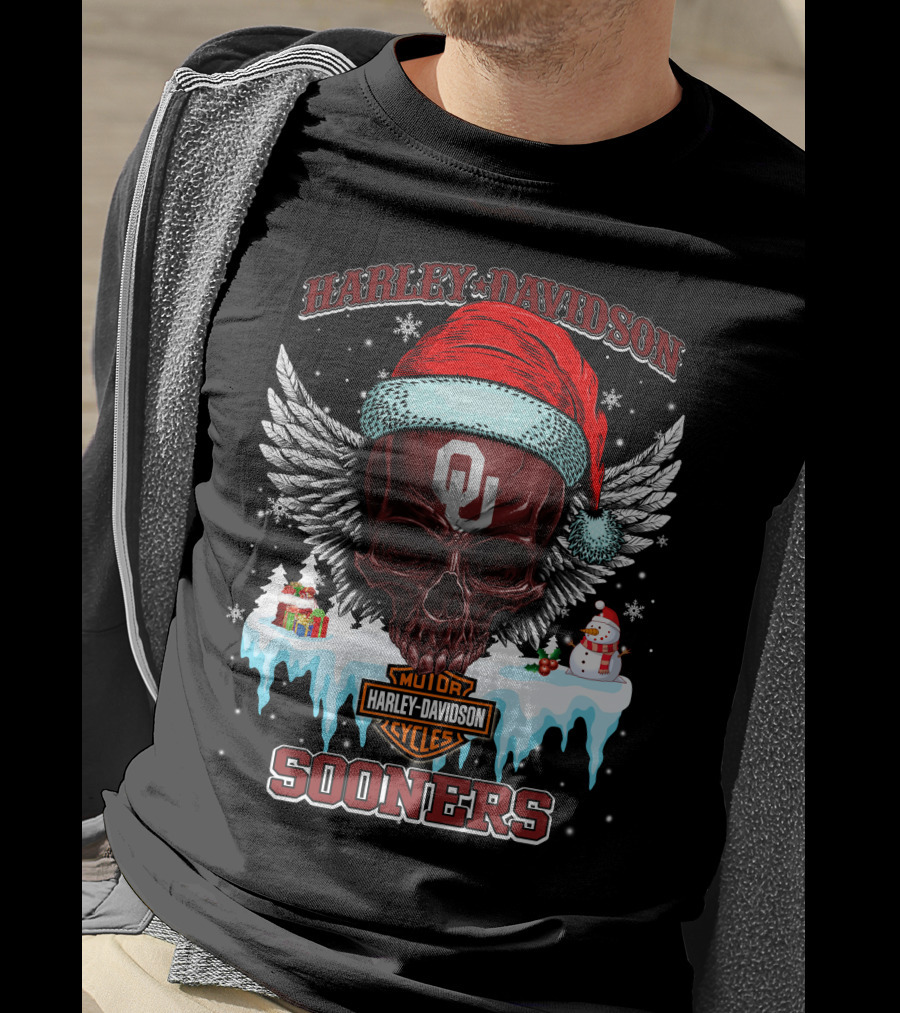 Harley Davidson Oklahoma Sooners Christmas Skull Wings T-Shirt