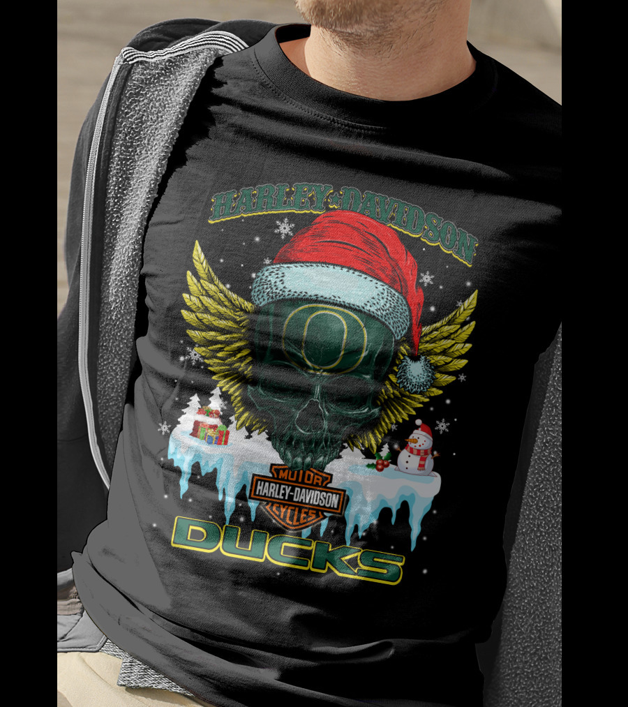 Harley Davidson Oregon Ducks Santa Skull Snowman Holiday T-Shirt