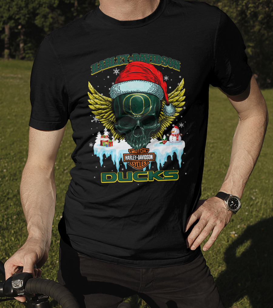 Harley Davidson Oregon Ducks Santa Skull Snowman Holiday T-Shirt