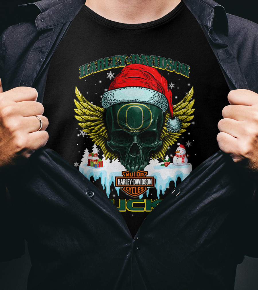 Harley Davidson Oregon Ducks Santa Skull Snowman Holiday T-Shirt