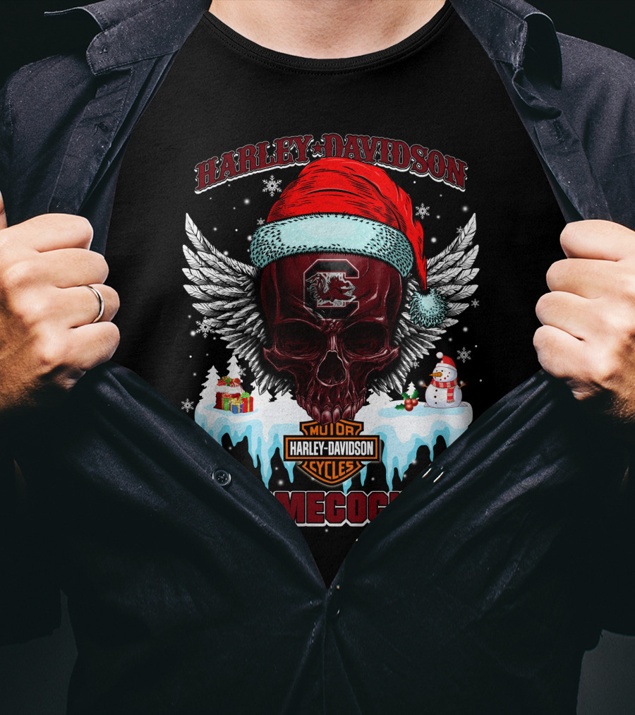Harley Davidson Gamecocks Christmas Skull With Santa Hat And Snowman T-Shirt
