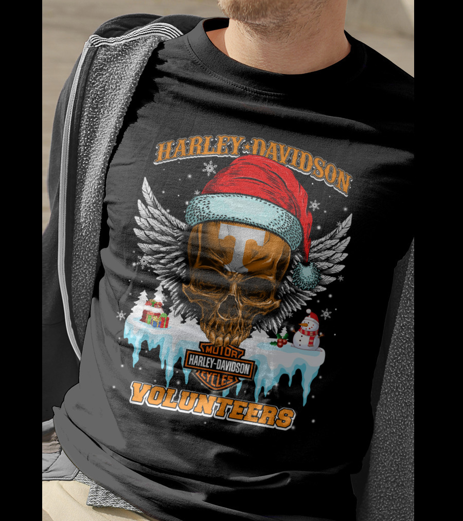 Harley Davidson Motor Cycles Tennessee Volunteers Santa Skull T-Shirt