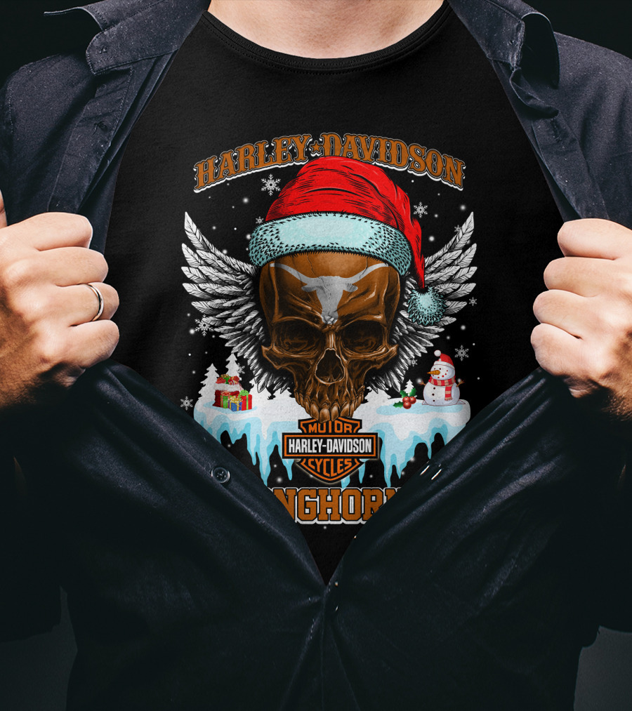 Harley Davidson Motor Cycles Longhorns Santa Skull Wings T-Shirt