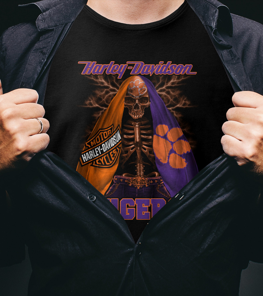 Harley Davidson Clemson Tigers Motorcycle Skeleton T-Shirt