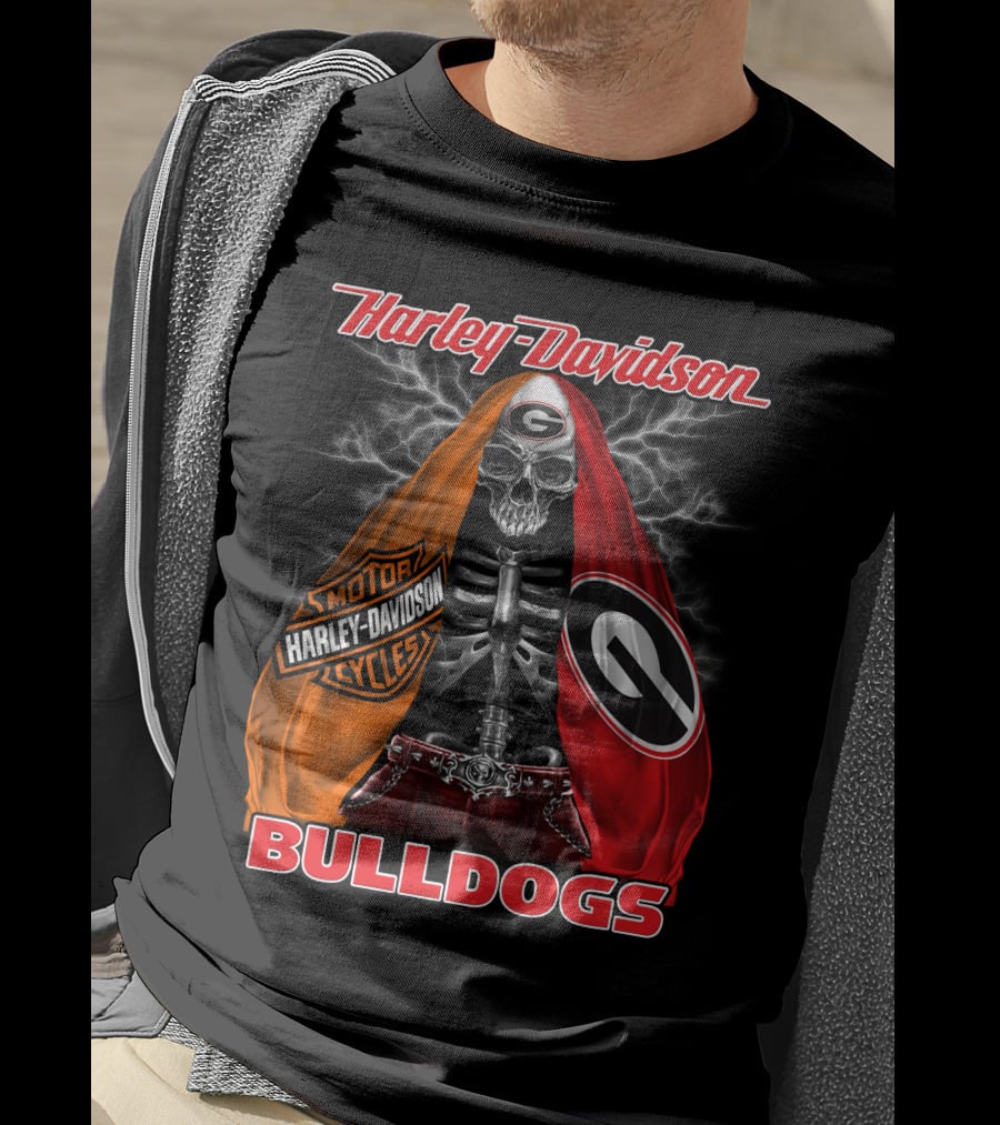 Harley Davidson Georgia Bulldogs Skeleton Lightning Motorcycles T-Shirt