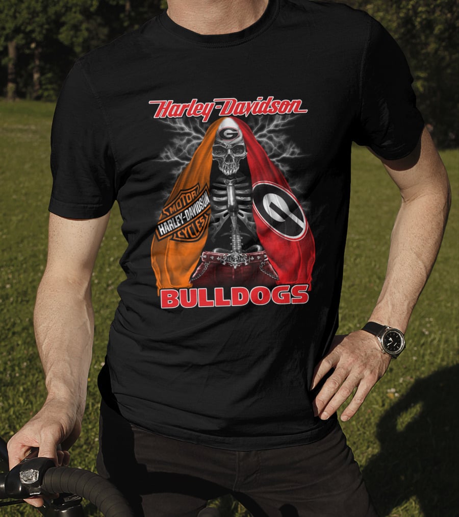 Harley Davidson Georgia Bulldogs Skeleton Lightning Motorcycles T-Shirt