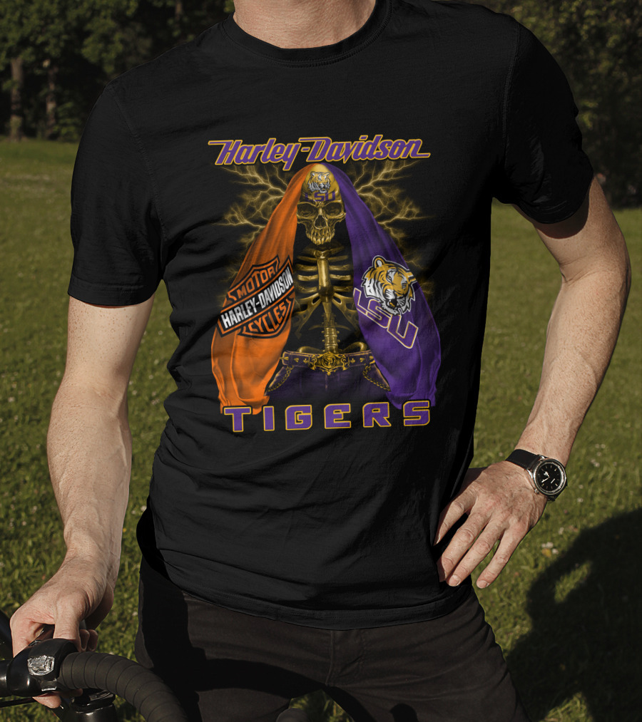 Harley Davidson Lsu Tigers Skeleton Motorcycles T-Shirt