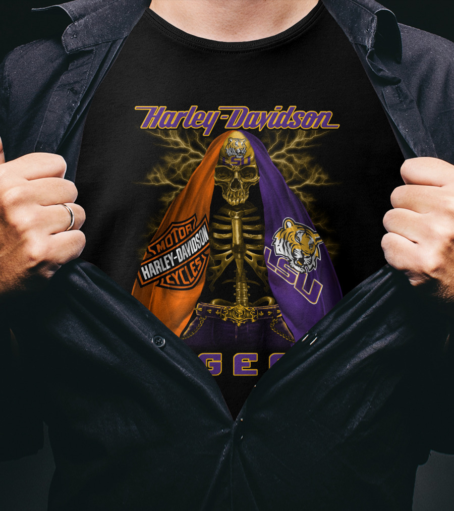 Harley Davidson Lsu Tigers Skeleton Motorcycles T-Shirt
