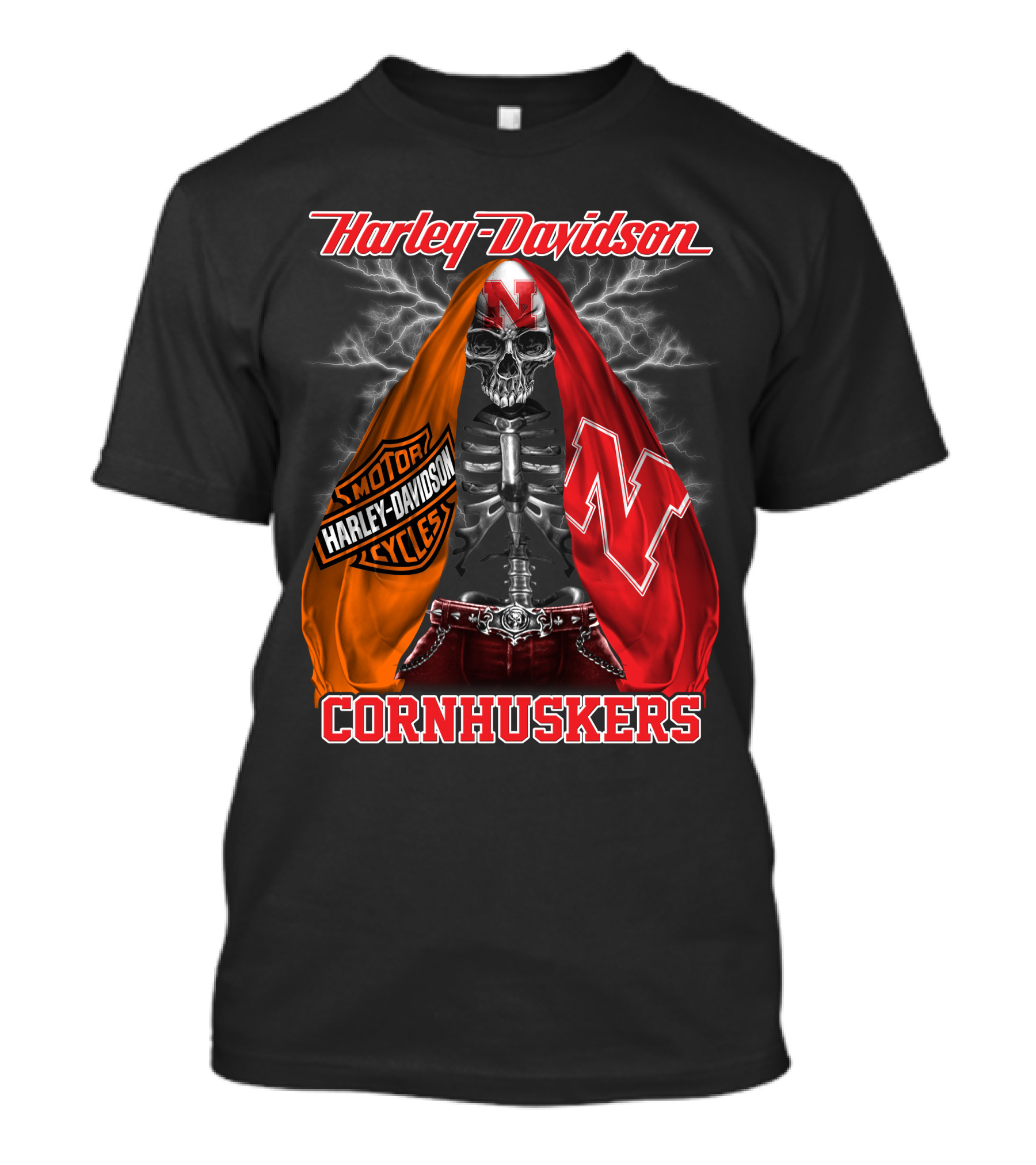 Harley Davidson Nebraska Cornhuskers Skeleton With Logo Cloak T-Shirt