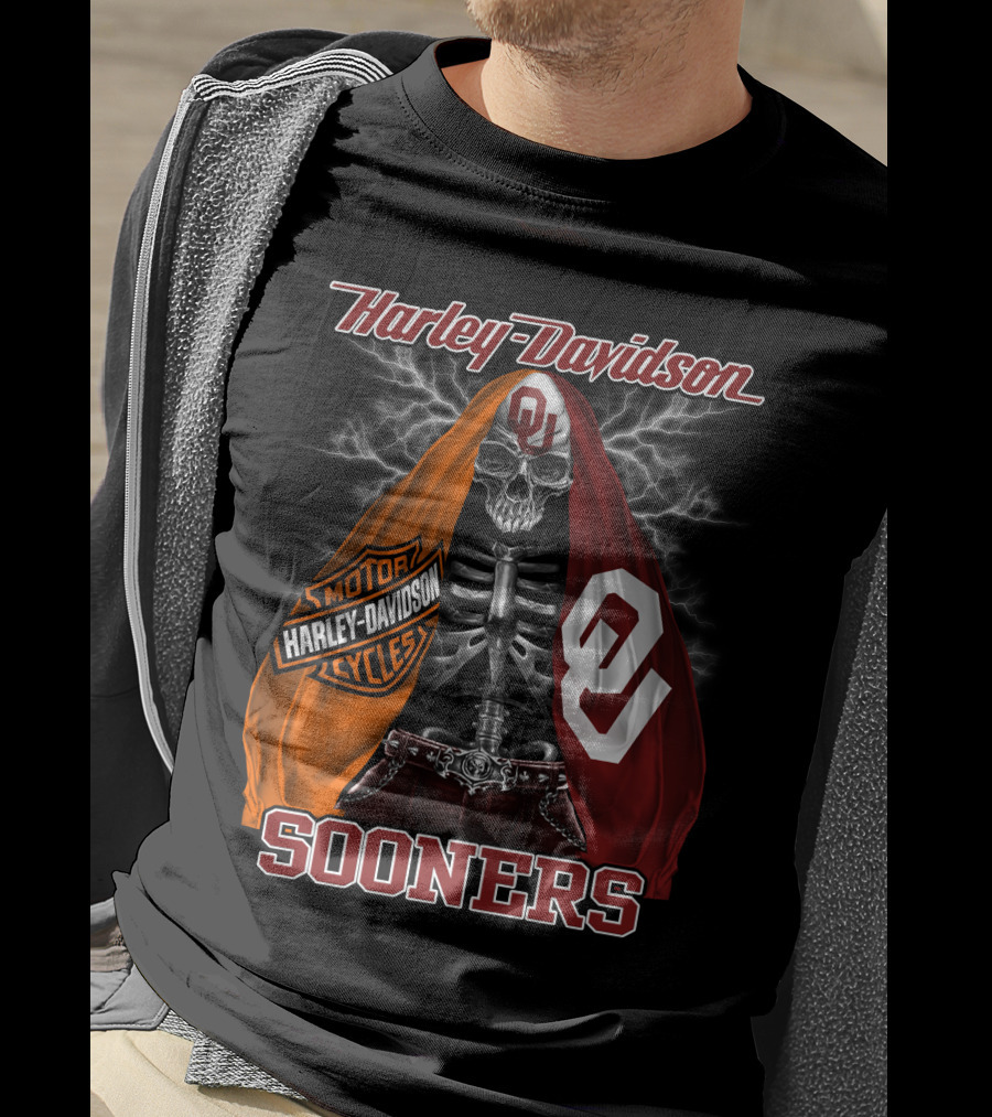 Harley Davidson Oklahoma Sooners Skeleton Thunderbolt T-Shirt