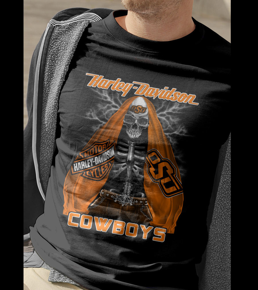 Harley Davidson Oklahoma State Cowboys Skeleton Osu Motorcycle T-Shirt