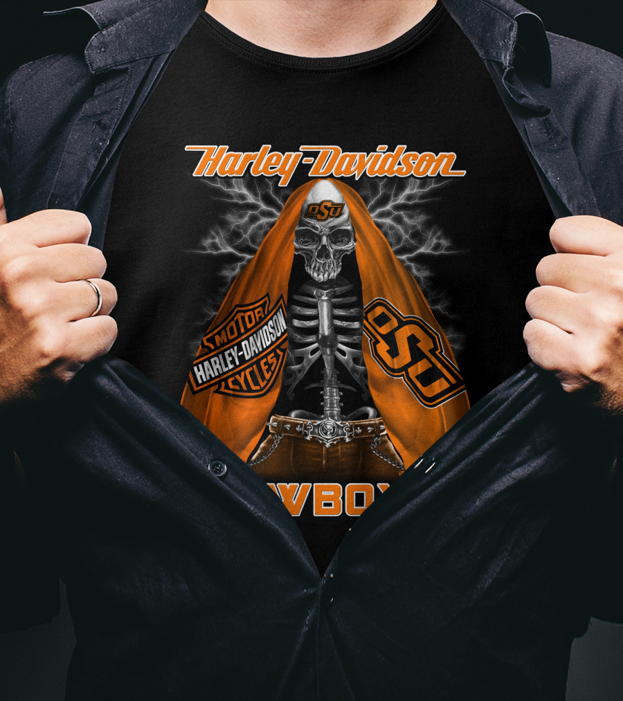 Harley Davidson Oklahoma State Cowboys Skeleton Osu Motorcycle T-Shirt