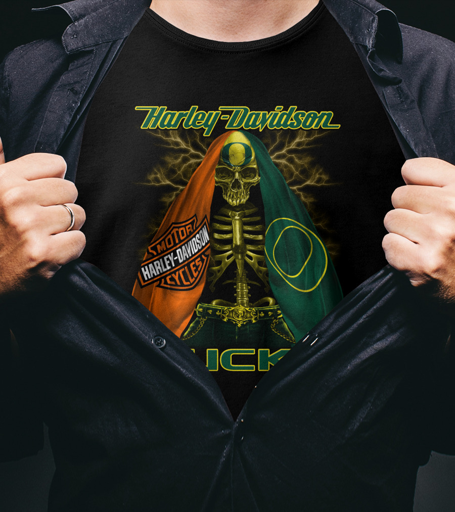 Harley Davidson Motorcycles Ducks Oregon Skeleton T-Shirt