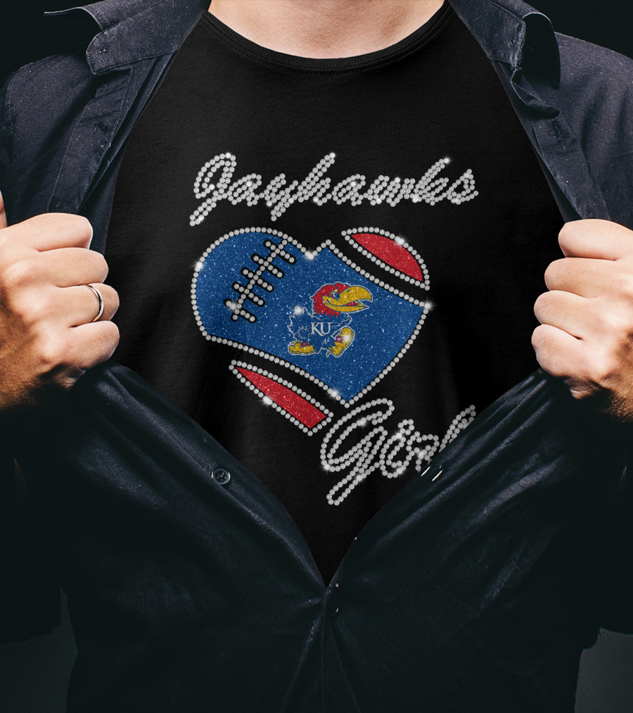 Jayhawks Girl KU Football Heart T-Shirt
