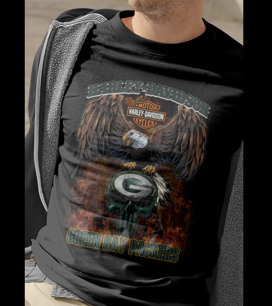 Harley Davidson Green Bay Packers Eagle And Flaming Skull T-Shirt
