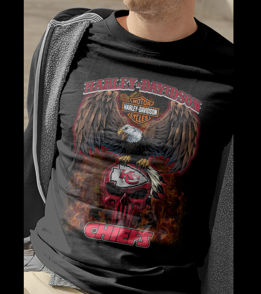 Harley Davidson Motor Cycles Kansas City Chiefs Eagle Skull Flames T-Shirt