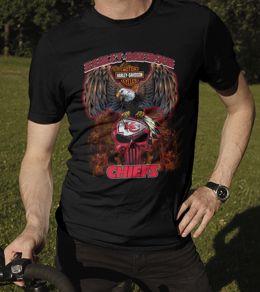 Harley Davidson Motor Cycles Kansas City Chiefs Eagle Skull Flames T-Shirt