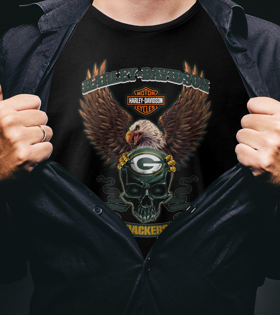 Harley Davidson Green Bay Packers Eagle Skull Motor Cycles T-Shirt