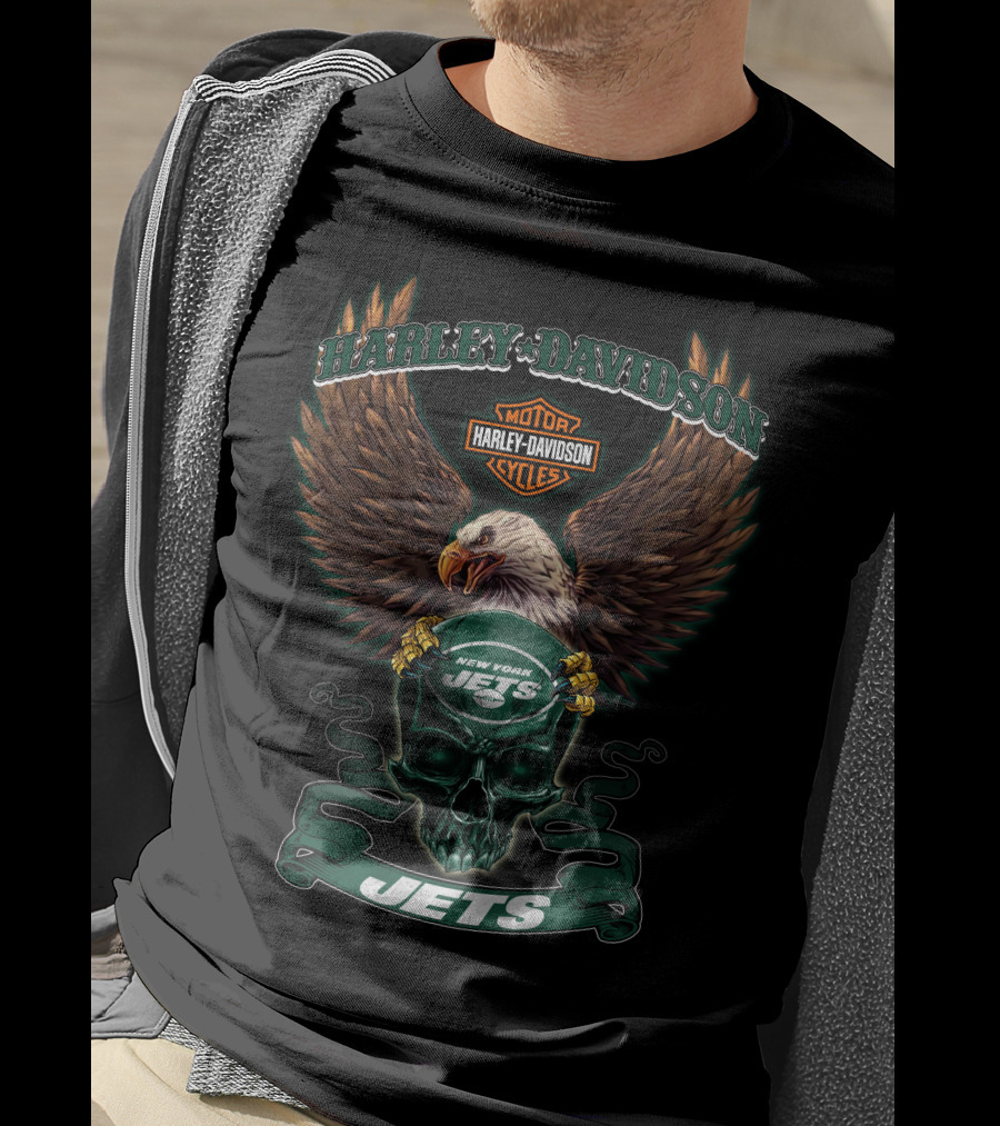 Harley Davidson Motor Cycles New York Jets Eagle Skull Jets T-Shirt