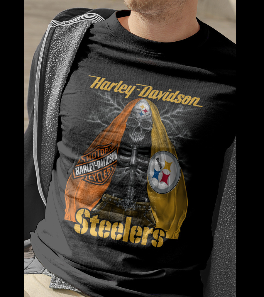 Harley Davidson Steelers Motorcycles Skull With Lightning T-Shirt