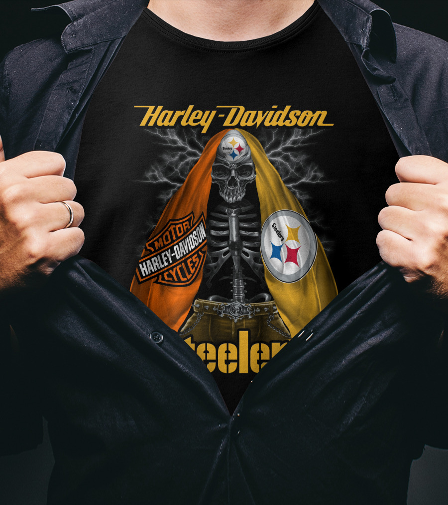 Harley Davidson Steelers Motorcycles Skull With Lightning T-Shirt