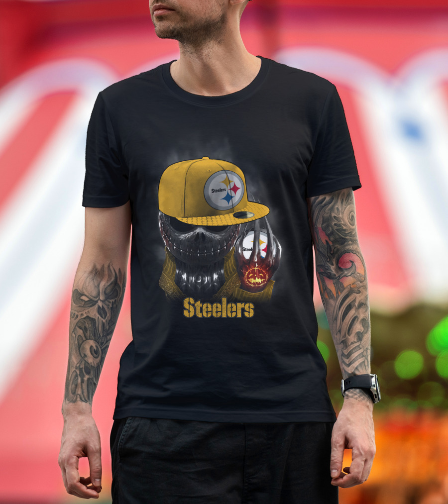 Steelers Skull With Yellow Cap And Pumpkin-Hand T-Shirt