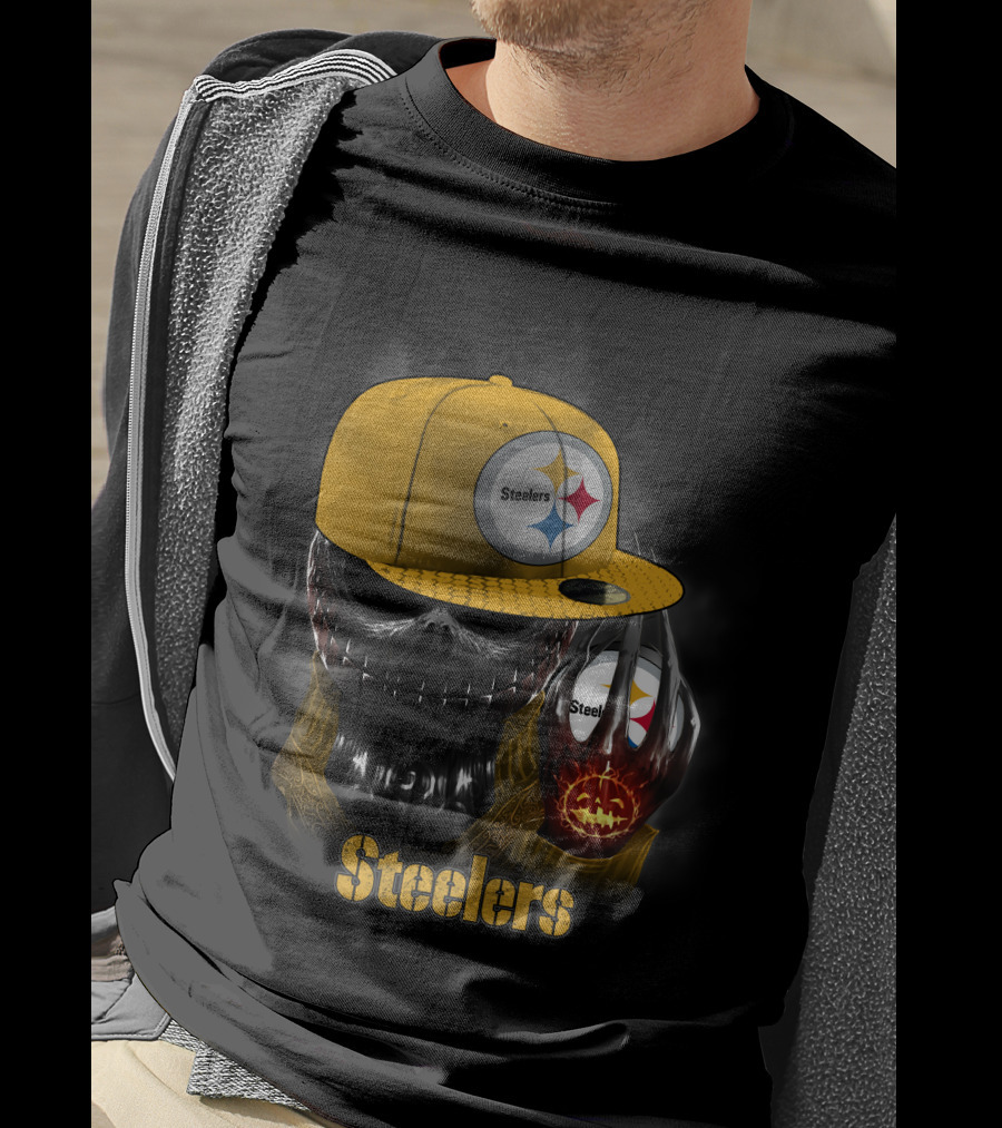 Steelers Skull With Yellow Cap And Pumpkin-Hand T-Shirt