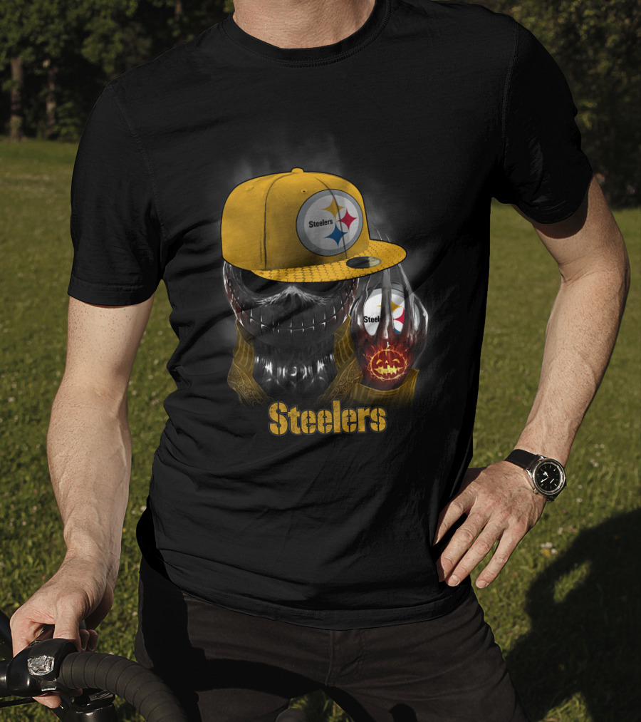 Steelers Skull With Yellow Cap And Pumpkin-Hand T-Shirt