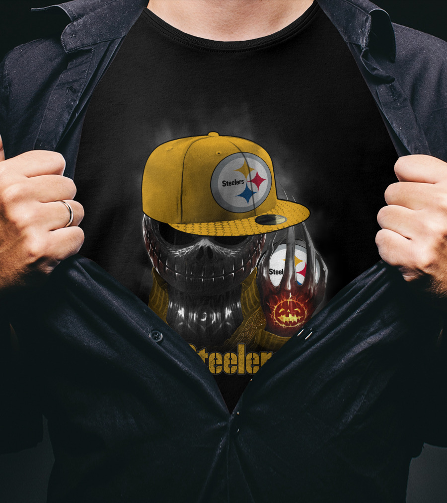 Steelers Skull With Yellow Cap And Pumpkin-Hand T-Shirt