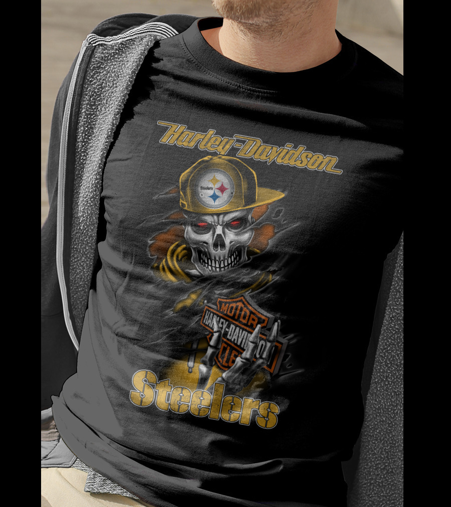 Harley Davidson Pittsburgh Steelers Skeleton Moto Nfl T-Shirt