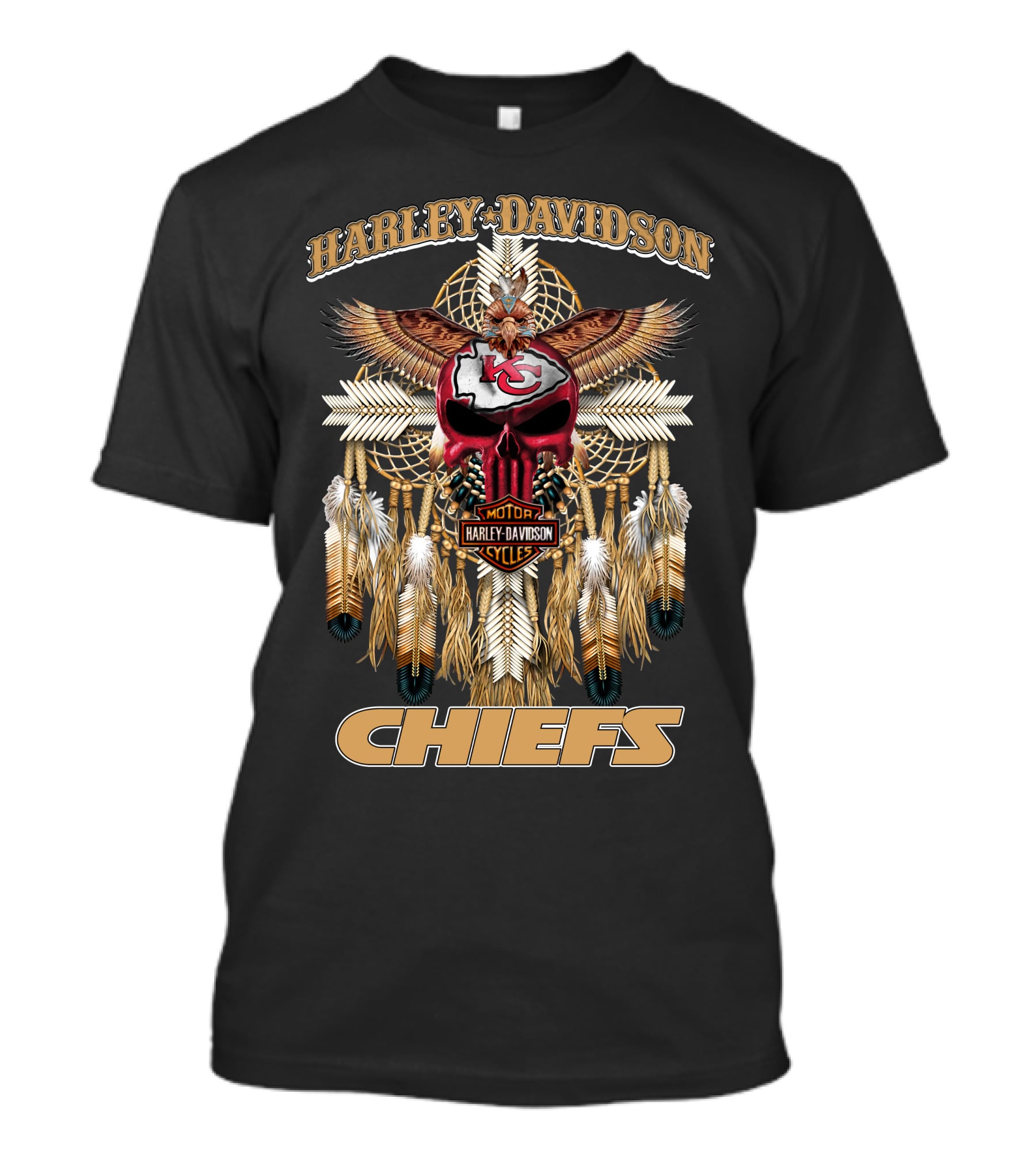 Harley Davidson Motor Cycles Kansas City Chiefs Eagles Feathers Dreamcatcher T-Shirt