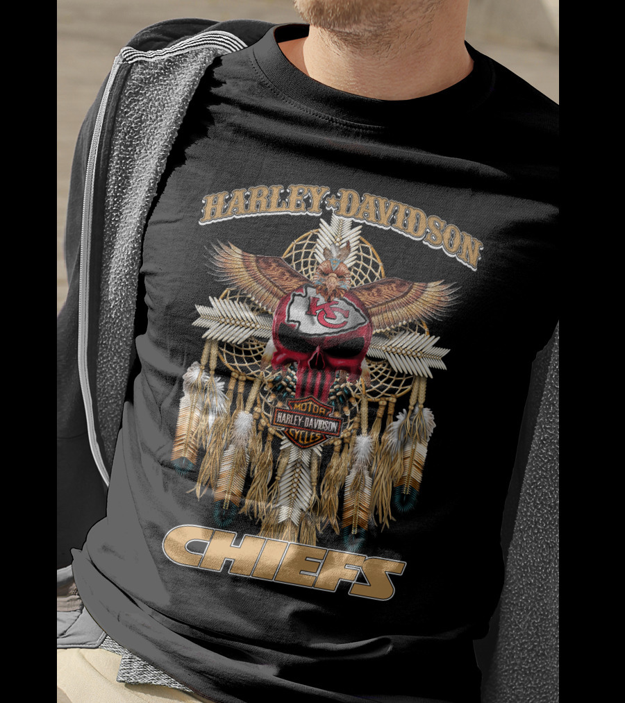 Harley Davidson Motor Cycles Kansas City Chiefs Eagles Feathers Dreamcatcher T-Shirt