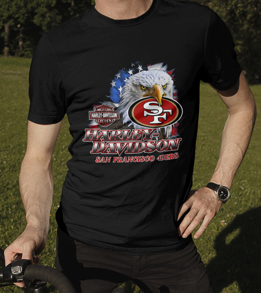Harley Davidson San Francisco 49ers Nfl Eagles Logo With American Flag T-Shirt