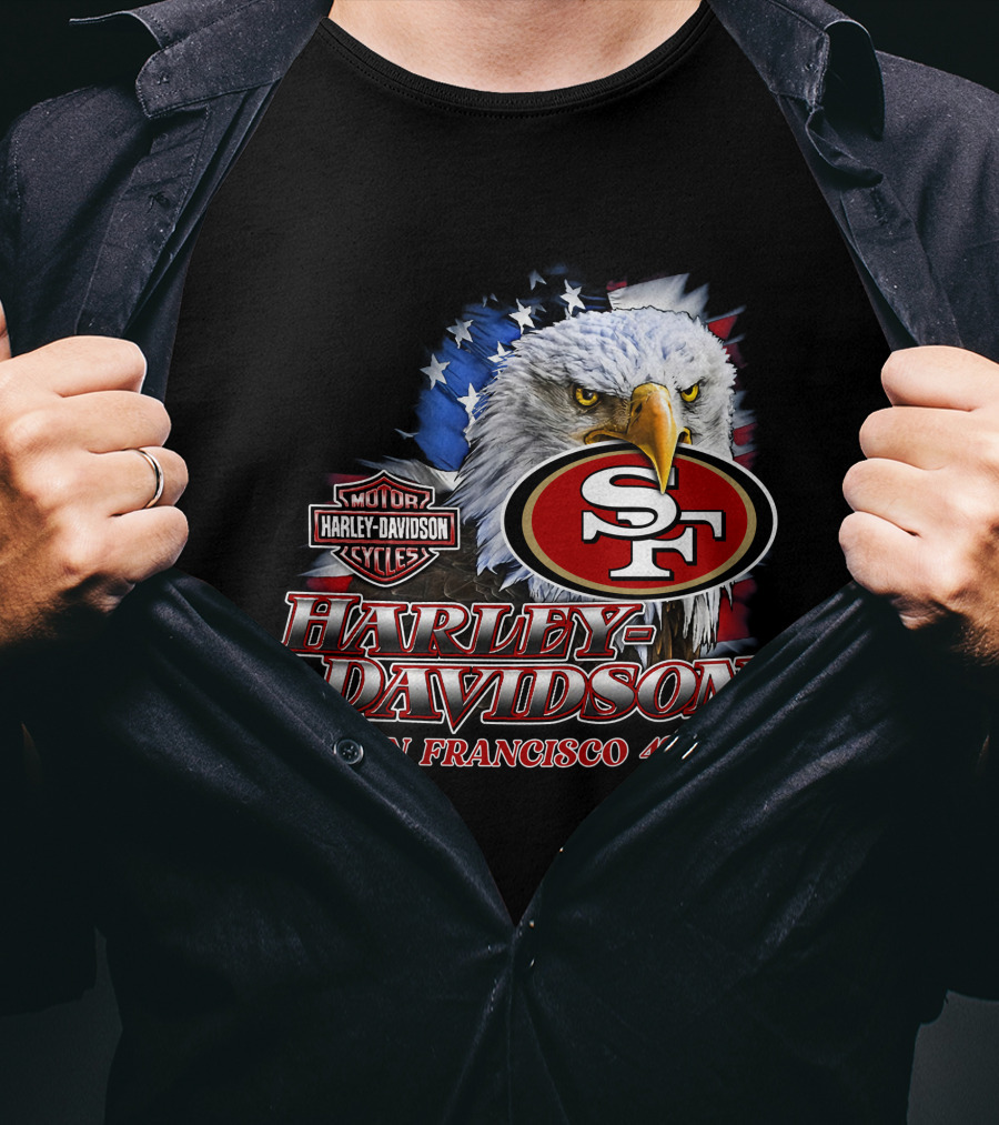 Harley Davidson San Francisco 49ers Nfl Eagles Logo With American Flag T-Shirt