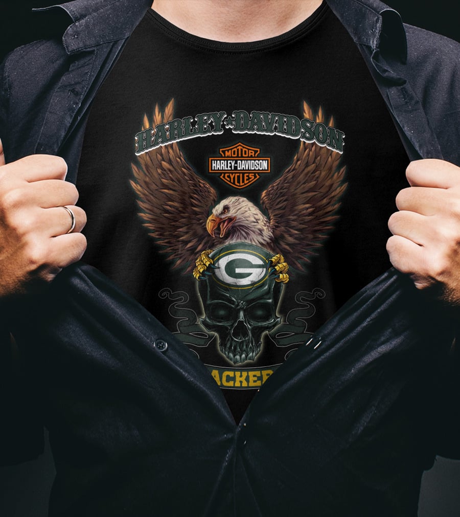 Harley Davidson Motor Cycles Nfl Green Bay Packers Eagle Skull T-Shirt