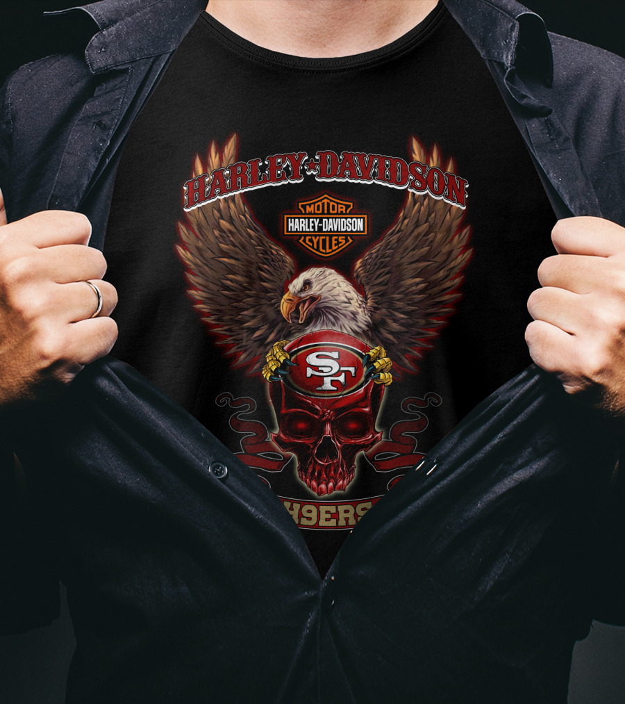 Harley Davidson Motor Cycles San Francisco 49ers Eagle Skull 49ers T-Shirt