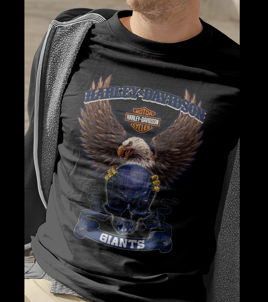 Harley Davidson Motor Cycles Ny Giants Eagles Skull T-Shirt