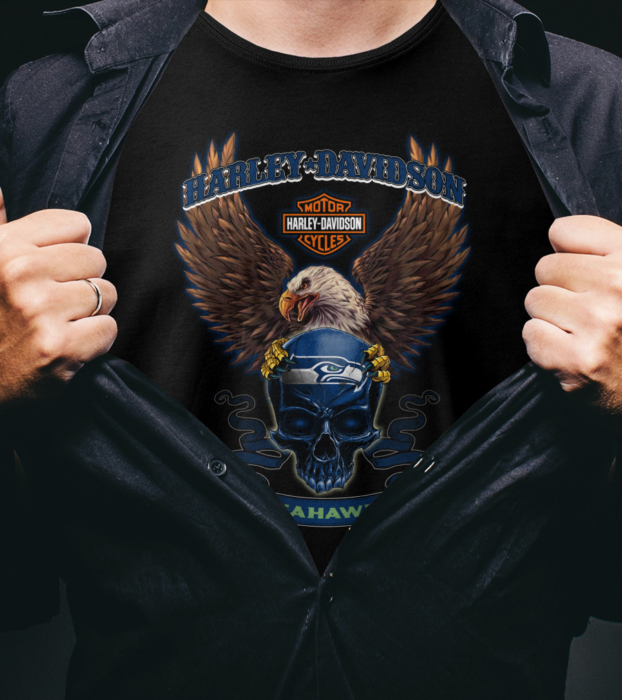 Harley Davidson Seattle Seahawks Bald Eagle Skull Cycles T-Shirt