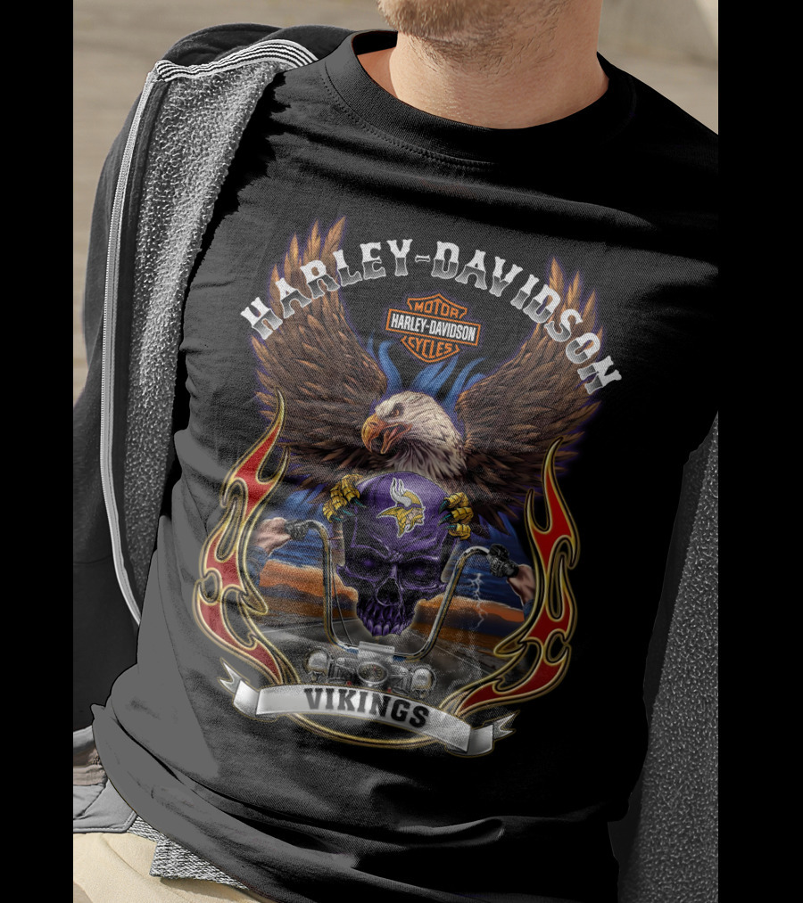Harley Davidson Motor Cycles Vikings Minnesota Nfl Eagle Skull T-Shirt