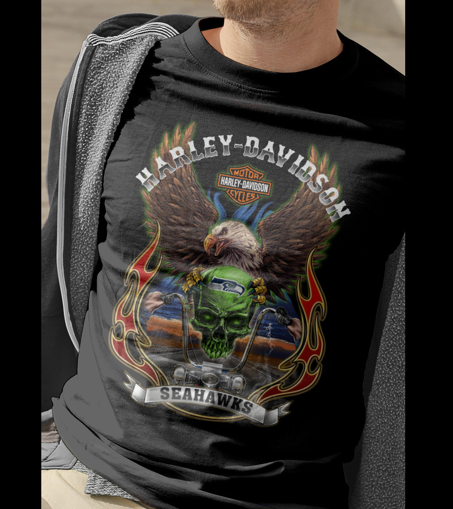 Harley Davidson Motorcycles Seahawks Eagle Riding T-Shirt