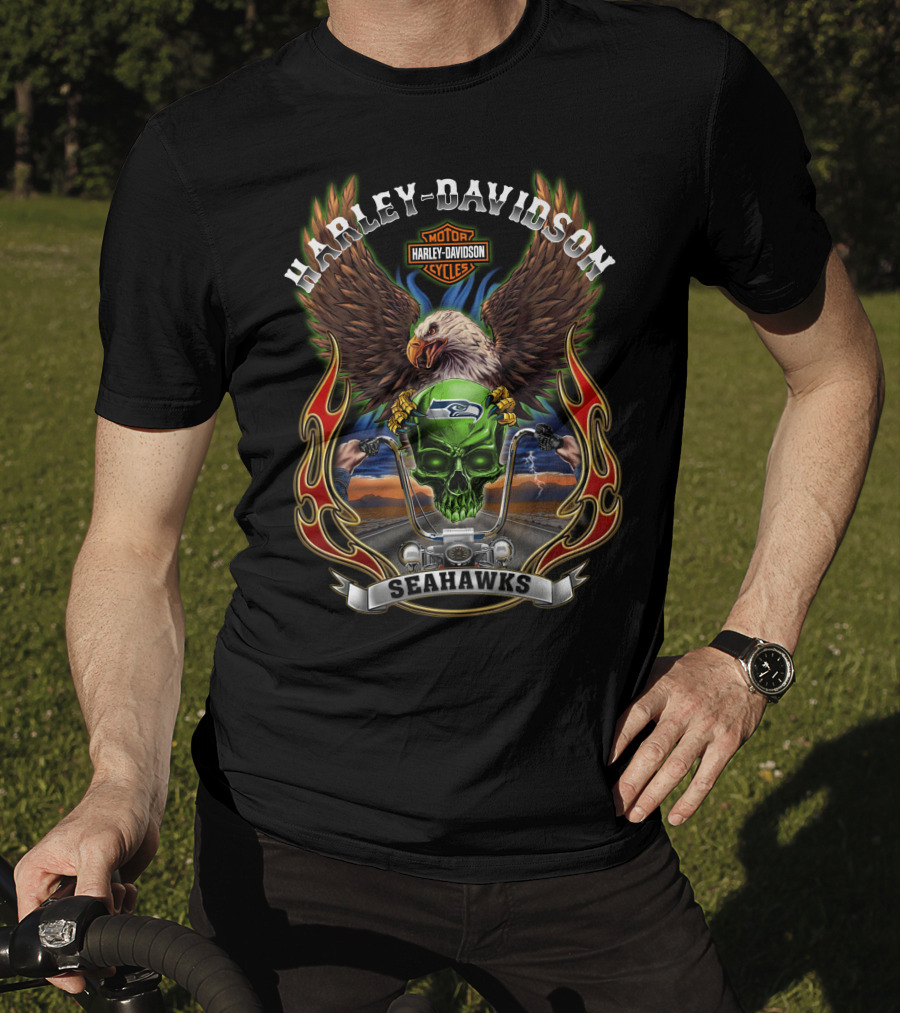 Harley Davidson Motorcycles Seahawks Eagle Riding T-Shirt