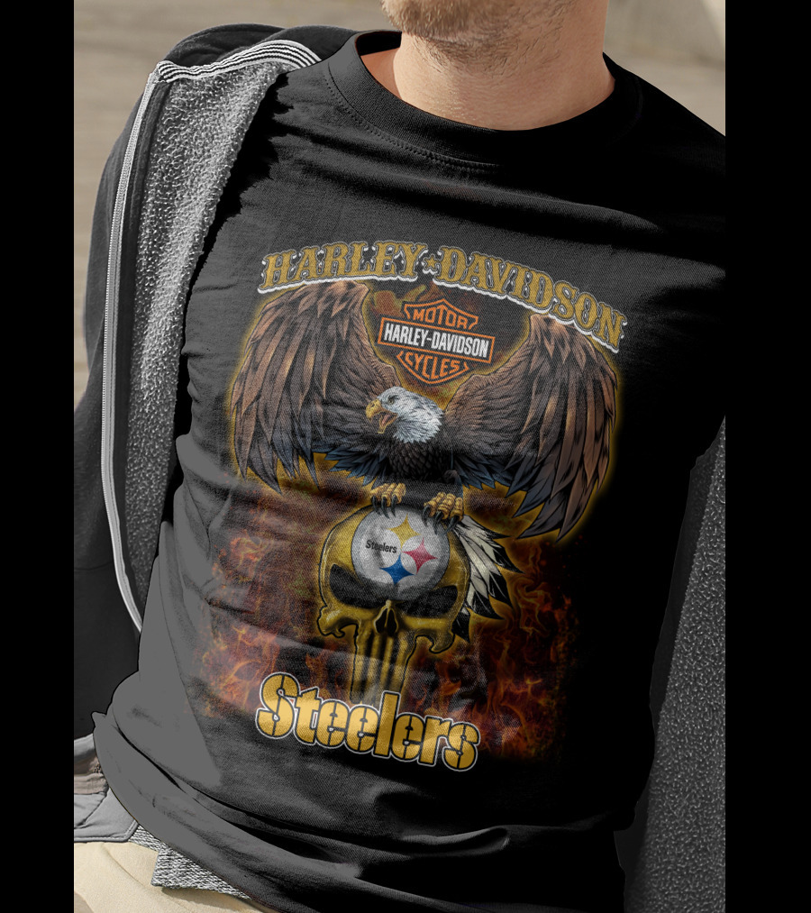 Harley Davidson Steelers Nfl Eagle Logo Flame T-Shirt