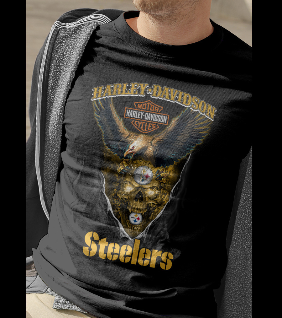 Harley Davidson Motor Cycles Pittsburgh Steelers Skull Eagle T-Shirt