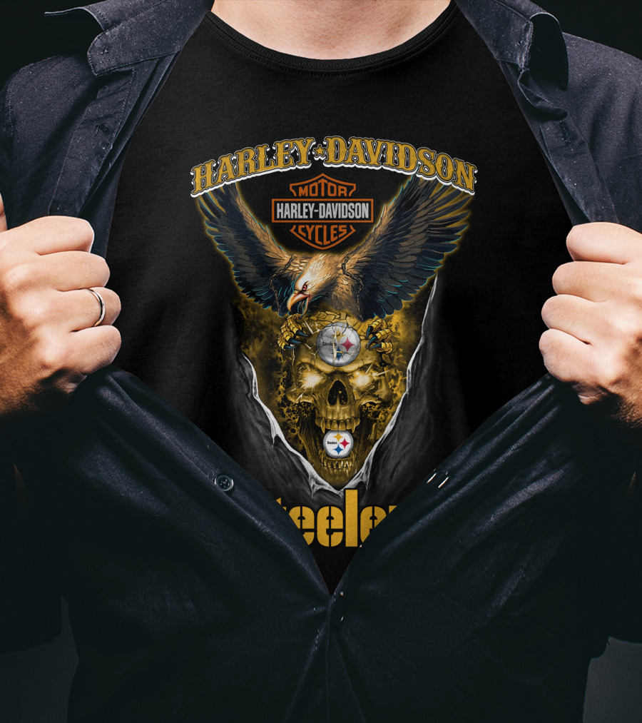 Harley Davidson Motor Cycles Pittsburgh Steelers Skull Eagle T-Shirt